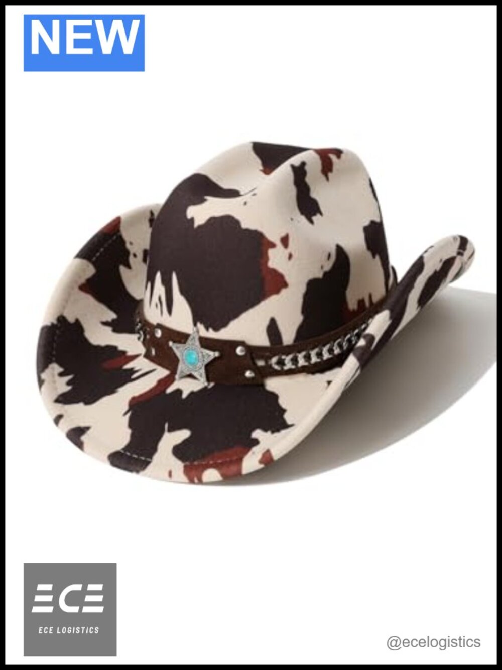 Cow Print Western Cowboy Hat Metal Star Hatband Travel Vacation One Size